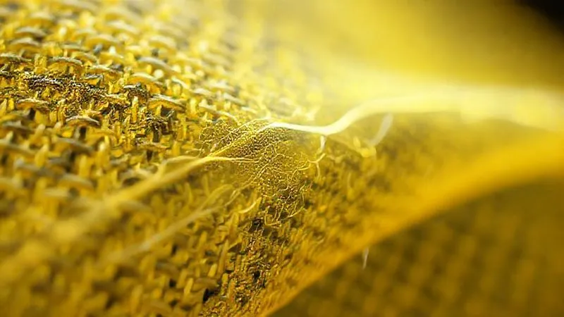 A macro, photorealistic image of a highly flexible, transparent conductive polymer trace embedded within a woven textile, showing intricate details of its structure. The material subtly shimmers, indicating resilience and advanced engineering. Professional photography, 8K, cinematic lighting, sharp focus on the trace, depth of field blurring the surrounding fabric, shot on a high-end DSLR, conveying material innovation.