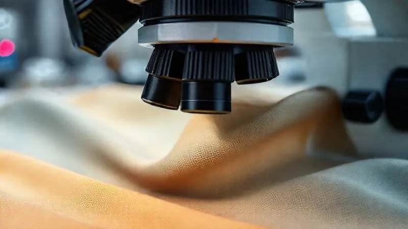 A photorealistic, professional photography, 8K, cinematic lighting, sharp focus, depth of field, shot on a high-end DSLR, of a seamless activewear fabric swatch being carefully inspected under a high-magnification microscope, revealing dye penetration into the fibers, with vibrant colors and subtle textures, in a modern textile lab setting.