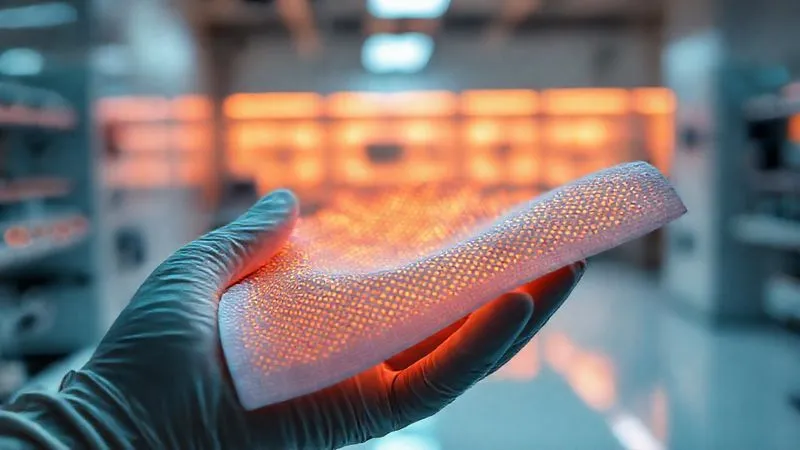 A photorealistic, professional photography, 8K, cinematic lighting, sharp focus, depth of field, shot on a high-end DSLR, of a futuristic activewear fabric swatch glowing subtly, with intricate, almost microscopic, three-dimensional knit patterns visible, being held by a gloved hand in a sterile, high-tech lab, symbolizing innovation and advanced textile engineering.