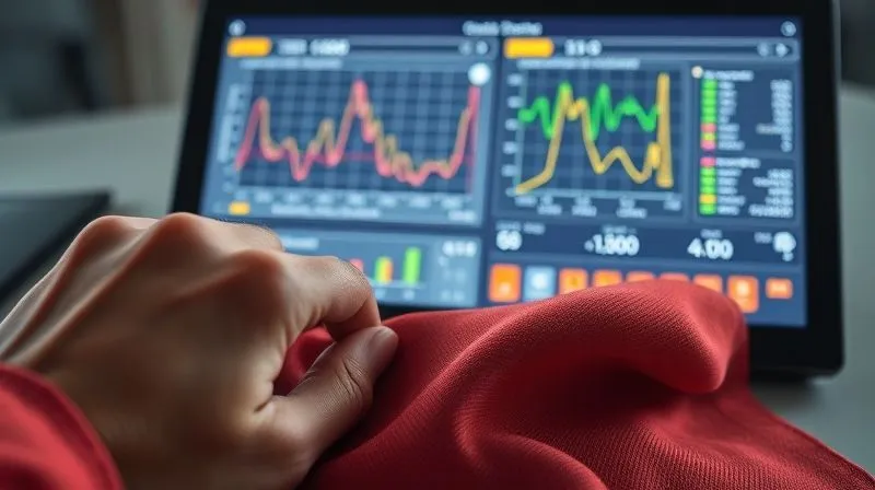 A photorealistic, professional photography, 8K, cinematic lighting, sharp focus, depth of field, shot on a high-end DSLR, showing a close-up of a hand meticulously adjusting digital fabric properties on a high-resolution screen, with a physical fabric swatch lying next to it for comparison. The screen displays complex graphs and material parameters, highlighting the precision required.