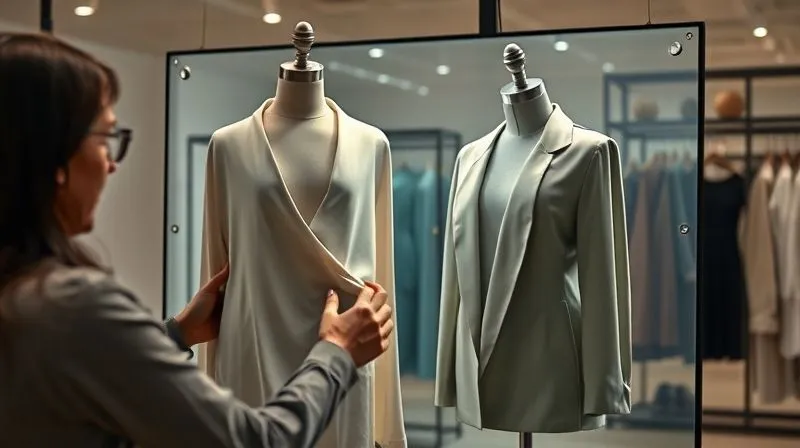 A photorealistic, professional photography, 8K, cinematic lighting, sharp focus, depth of field, shot on a high-end DSLR, of a fashion designer carefully comparing a physical garment draped over a mannequin with its corresponding 3D model displayed on a large, transparent screen in the background. Subtle differences are highlighted, emphasizing the meticulous comparison process.