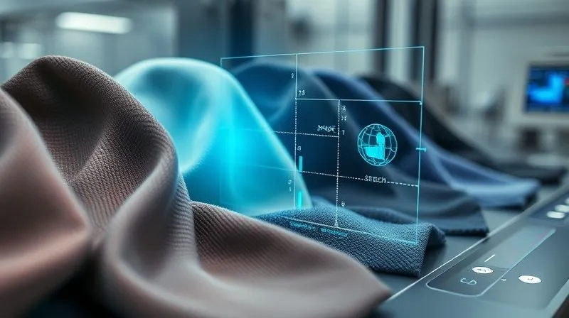 A close-up, photorealistic shot of various fabric swatches being digitally scanned and analyzed on a high-tech textile testing machine, with holographic data visualizations of drape, stretch, and stiffness properties appearing above them. Cinematic lighting highlights the textures of the fabrics, sharp focus on the scanning process, depth of field blurring the lab environment. 8K hyper-detailed, professional photography.