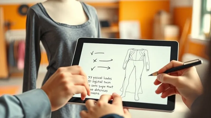 A dynamic, photorealistic image depicting a feedback loop in action: a physical garment prototype being compared side-by-side with its 3D digital twin on a tablet, with arrows and data points illustrating adjustments. Hands are making notes on a checklist. The scene is set in a vibrant design studio with natural light, sharp focus on the comparison, depth of field subtly blurring other design elements. 8K hyper-detailed, professional photography.