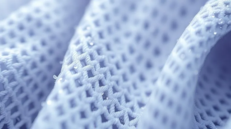 A highly detailed, microscopic view of synthetic activewear fabric fibers, with some channels clearly blocked by a greasy, film-like residue, while other channels are clean and open. Photorealistic, scientific illustration quality, 8K, sharp focus, depth of field, cinematic lighting, professional photography aesthetic.