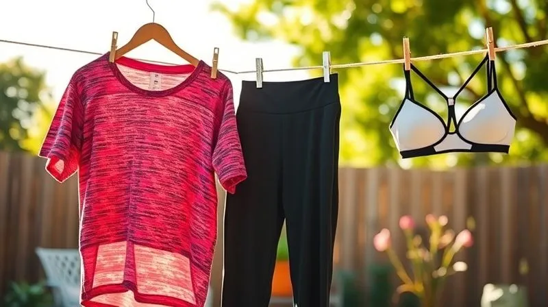 A vibrant, photorealistic image of various pieces of activewear – a running shirt, leggings, and a sports bra – neatly hung on a clothesline in a sunny, airy backyard, gently swaying in a breeze. The focus is on the textures of the drying fabrics, with a soft, natural background. professional photography, 8K, cinematic lighting, sharp focus, depth of field, shot on a high-end DSLR.