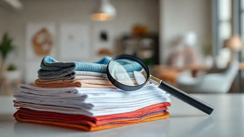 photorealistic, professional photography, 8K, cinematic lighting, sharp focus, depth of field, shot on a high-end DSLR. A stack of diverse international baby clothing safety regulation documents, with a magnifying glass resting on them, symbolizing detailed scrutiny. The background is a softly blurred modern design studio.