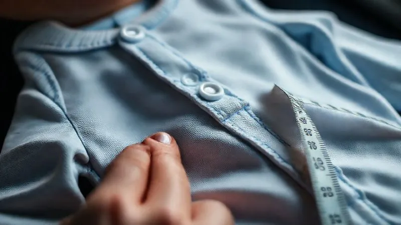 photorealistic, professional photography, 8K, cinematic lighting, sharp focus, depth of field, shot on a high-end DSLR. A close-up of a baby's romper being meticulously examined by a designer, highlighting secure stitching on a snap button and a smooth, covered zipper. A measuring tape is visible near the garment, emphasizing precision and safety in design.