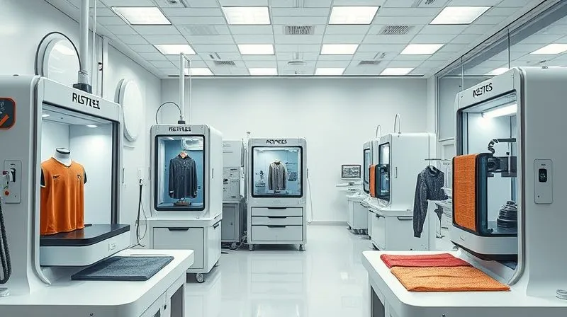 A photorealistic image of a futuristic textile testing laboratory. Various machines are performing tensile strength tests, abrasion resistance tests, and pilling tests on different fabric swatches. The lighting is bright and clinical, with a sharp focus on the detailed machinery and textiles. 8K, cinematic lighting, depth of field, shot on a high-end DSLR.