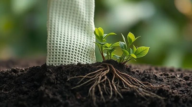 A photorealistic image depicting a single piece of fabric, one half appearing incredibly strong, woven with intricate, resilient threads, while the other half gracefully transforms into organic soil and lush plant roots, symbolizing the delicate balance of durability and biodegradability. Professional photography, 8K, cinematic lighting, sharp focus on the transition, depth of field blurring the background, shot on a high-end DSLR.