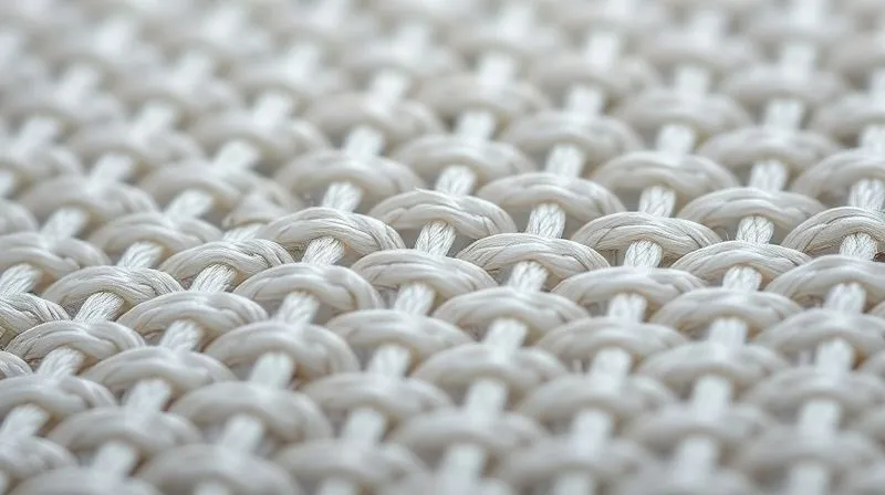 A highly detailed, microscopic view of a textile weave, showing strong, tightly interwoven biodegradable fibers creating a robust, intricate pattern. The image should highlight the structural integrity and density of the fabric at a cellular level, suggesting advanced engineering. Professional photography, 8K, cinematic lighting, sharp focus, depth of field, shot on a high-end DSLR.
