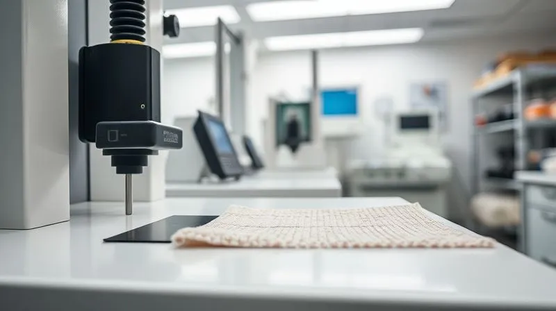 A photorealistic, professional image of a textile laboratory. In the foreground, a Martindale abrasion tester is actively rubbing a swatch of biodegradable fabric. In the background, other sophisticated textile testing equipment (like a tensile strength tester or pilling box) can be seen, all bathed in clean, scientific lighting. Professional photography, 8K, cinematic lighting, sharp focus on the Martindale tester, depth of field blurring the background, shot on a high-end DSLR.
