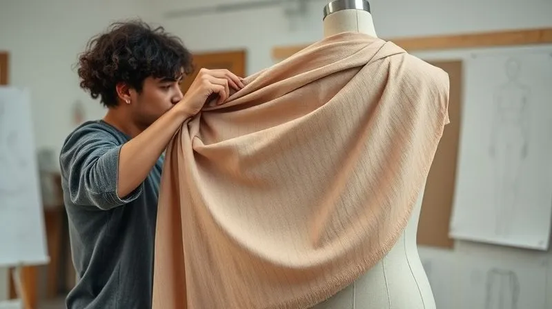 A photorealistic, professional image of a fashion designer's studio. A skilled designer is meticulously draping a piece of rich, textured biodegradable fabric onto a mannequin, focusing on structural integrity and timeless design. The studio is well-lit, with sketches and sustainable textile swatches in the background. Professional photography, 8K, cinematic lighting, sharp focus on the fabric and designer's hands, depth of field blurring the background, shot on a high-end DSLR.