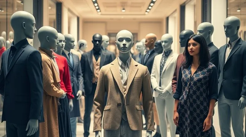 Photorealistic, professional photography, 8K, cinematic lighting, sharp focus, depth of field, shot on a high-end DSLR. A diverse group of mannequins in a high-end retail store, with one mannequin prominently positioned but looking out of place or separate from the others, subtly hinting at superficial inclusion rather than integration. The lighting should emphasize the isolation of the 'token' figure.