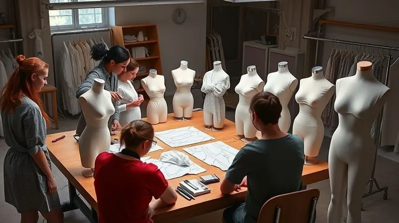 Photorealistic, professional photography, 8K, cinematic lighting, sharp focus, depth of field, shot on a high-end DSLR. A diverse group of professional pattern makers and designers collaborating around a large table, examining garment patterns draped over various 3D body forms of different shapes and sizes. The scene should convey thoughtful design and meticulous attention to inclusive fit, with tools and fabric swatches visible.