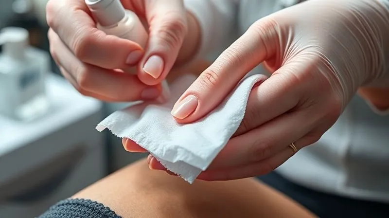 A close-up, photorealistic image of a professional nail technician's hands carefully cleansing and dehydrating a client's nail plate with a lint-free wipe and alcohol, showing meticulous attention to detail. The background is softly blurred, focusing on the precision of the preparation. Cinematic lighting, 8K, sharp focus, depth of field, shot on a high-end DSLR.