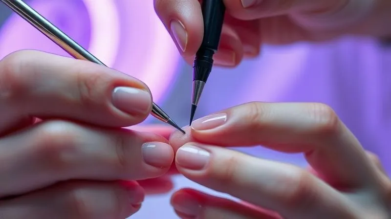 A close-up, photorealistic image of a professional nail artist meticulously painting intricate details on a client's nail using a fine brush and gel polish, with a UV/LED lamp visible in the background, implying careful curing. The focus is on the precision of the hand-painting. Cinematic lighting, 8K, sharp focus, depth of field, shot on a high-end DSLR.