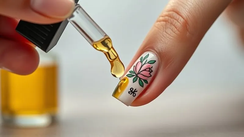 A close-up, photorealistic image of a hand gently applying cuticle oil to the base of a beautifully manicured nail with intricate hand-painted art, emphasizing hydration and care. The oil bottle is subtly blurred in the background. Cinematic lighting, 8K, sharp focus, depth of field, shot on a high-end DSLR.