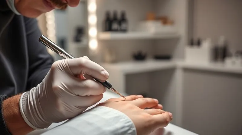 A photorealistic, professional photography image of a skilled nail technician in a modern, clean salon setting, meticulously applying a final protective layer to intricate hand-painted nail art. The technician is wearing gloves and using high-quality tools, with a focus on precision and expertise. Cinematic lighting, 8K, sharp focus, depth of field, shot on a high-end DSLR.