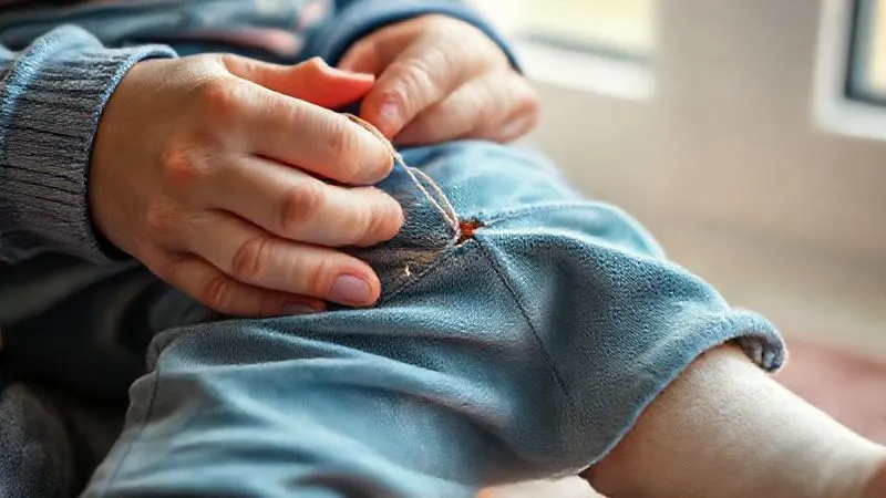 A close-up, photorealistic image of a parent's hands gently mending a small tear on a child's colorful organic cotton pant leg with a needle and thread. The scene is warm and inviting, perhaps with soft daylight coming through a window. The focus is on the hands and the mending process, conveying care and longevity. Professional photography, 8K, cinematic lighting, sharp focus, depth of field, shot on a high-end DSLR.