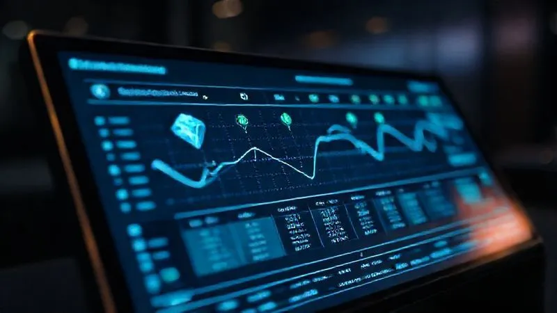 A photorealistic image of a sleek, modern digital interface displaying a gemstone's journey on a blockchain ledger, showing origin, cutting, and ownership transfers with clear icons and data points. The screen is subtly glowing in a darkened, professional setting, sharp focus on the data, depth of field, 8K, cinematic lighting, shot on a high-end DSLR.