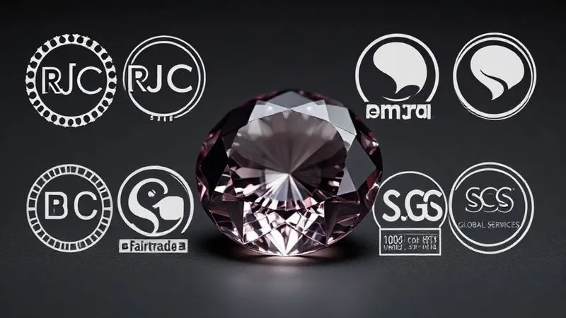 A photorealistic image of a collection of various certification symbols and logos (e.g., RJC, Fairtrade, SCS Global Services) subtly arranged around a polished, unmounted gemstone. The symbols are clear but not overly prominent, indicating verification without overshadowing the gem. Professional studio lighting, sharp focus on the symbols and gem, depth of field, 8K hyper-detailed, shot on a high-end DSLR.
