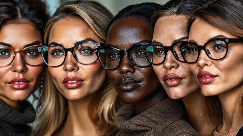 A photorealistic, professional photography shot of a diverse group of models, each wearing different high-fashion eyewear frames that perfectly complement their unique face shapes. The lighting is soft and flattering, highlighting the contours of their faces and the intricate details of the frames. Sharp focus on the frames and faces, depth of field subtly blurring the background, 8K, shot on a high-end DSLR.