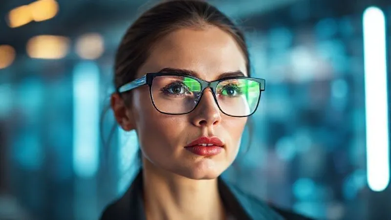 A photorealistic, professional photography shot of a sleek, futuristic high-fashion eyeglasses frame with subtle integrated technology. A faint, ethereal glow emanates from the lenses, hinting at augmented reality capabilities. The model's expression is one of curiosity and engagement, looking slightly off-camera. Cinematic lighting, sharp focus on the eyewear, depth of field blurring a technologically advanced background, 8K, shot on a high-end DSLR.