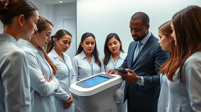 photorealistic, professional photography, 8K, cinematic lighting, sharp focus, depth of field, shot on a high-end DSLR, a diverse group of beauty professionals in crisp uniforms attentively gathered around a sleek, modern beauty tech device, with an instructor demonstrating its use. The scene conveys learning, collaboration, and expertise in a high-tech clinic environment.