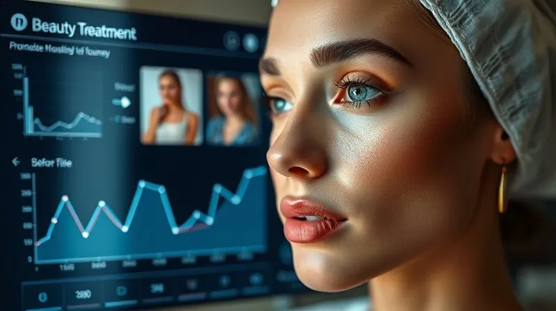 photorealistic, professional photography, 8K, cinematic lighting, sharp focus, depth of field, shot on a high-end DSLR, a digital interface displaying a client's personalized beauty treatment journey, with graphs showing progress over time, side-by-side 'before and after' photos, and clearly articulated next steps. The interface is clean and user-friendly, with subtle biometric data points. The focus is on clarity and measurable improvement.