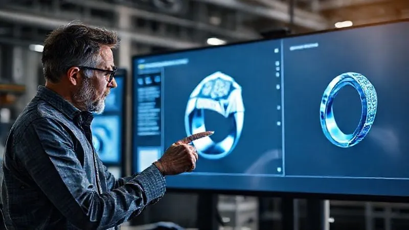A photorealistic, professional photography image showing a jewelry designer collaborating with a manufacturing engineer, looking at a 3D CAD model of a ring on a large screen. The designer points to a specific detail while the engineer explains production implications. The atmosphere is collaborative and focused. 8K, cinematic lighting, sharp focus on the screen and their interaction, depth of field blurring the background, shot on a high-end DSLR.