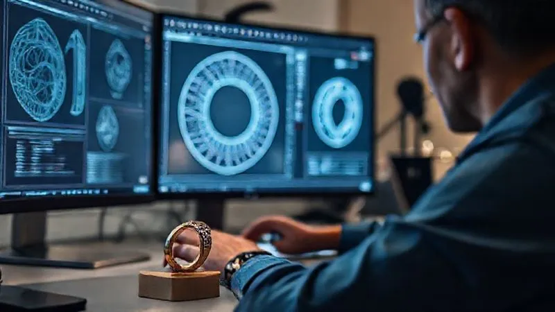 A photorealistic, professional photography image showing a jewelry designer intently working on a complex ring design using 3D CAD software on a large, high-resolution monitor. The screen displays intricate geometric patterns and measurements. In the foreground, a small, highly detailed 3D-printed wax model of a different ring sits on the desk. 8K, cinematic lighting, sharp focus on the screen and the model, depth of field blurring the background, shot on a high-end DSLR.