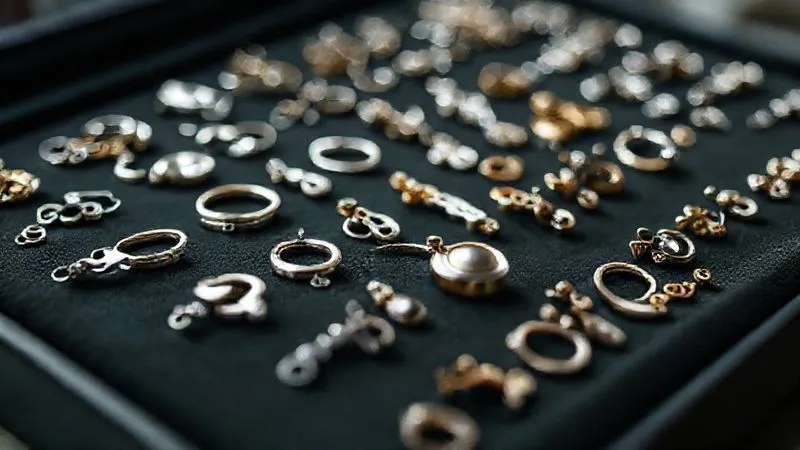 A photorealistic, professional photography image displaying a collection of modular jewelry components – a variety of interchangeable clasps, pendant frames, and earring backs – neatly organized in a display case. The components are made of polished silver and gold, highlighting their versatility and elegant simplicity. 8K, cinematic lighting, sharp focus on the components, depth of field blurring the background, shot on a high-end DSLR.
