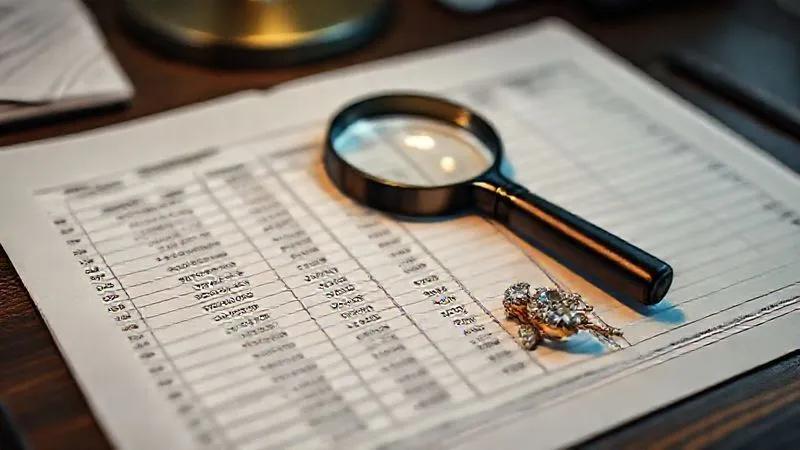 A photorealistic, professional photography image of a detailed financial ledger or spreadsheet open on a desk, with a magnifying glass hovering over specific rows of cost data related to jewelry production. Next to it, a small, elegant piece of jewelry is placed, symbolizing the intersection of art and commerce. 8K, cinematic lighting, sharp focus on the ledger and magnifying glass, depth of field blurring the background, shot on a high-end DSLR.