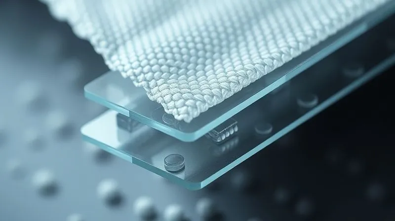 A photorealistic microscopic view of a multi-layered bio-derived textile laminate, showing distinct layers of bio-based face fabric, a thin bio-membrane, and a bio-lining, all bonded seamlessly. The image emphasizes the intricate structure and advanced material engineering. Cinematic lighting, sharp focus, depth of field, 8K hyper-detailed.