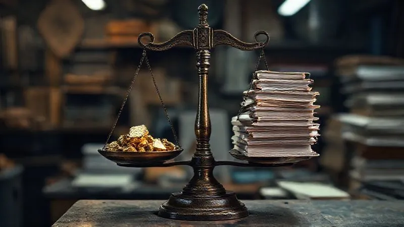 A photorealistic image of a vintage jeweler's scale meticulously balancing raw gold nuggets on one side and a stack of financial ledger books on the other, symbolizing the equilibrium between material costs and business overhead. The background is a dimly lit, organized workshop, with cinematic lighting highlighting the details of the scale and ledgers. Professional photography, 8K, sharp focus on the scale, depth of field blurring the background, shot on a high-end DSLR.