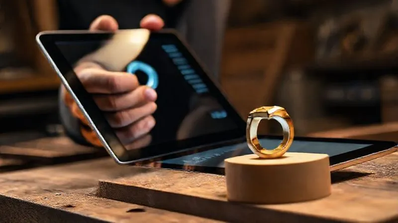 A photorealistic close-up of a jeweler's hands meticulously adjusting a digital tablet displaying a 3D CAD model of a ring, while in the background, a physical wax model of the same ring sits on a workbench. The scene is bathed in focused, warm light, emphasizing the precision of both digital and physical craftsmanship. Professional photography, 8K, sharp focus on the hands and tablet, depth of field blurring the background, shot on a high-end DSLR.