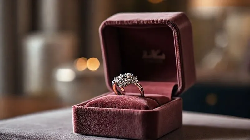 A photorealistic image of a custom-designed, intricate diamond engagement ring being delicately placed into a luxurious, branded velvet box. The background is softly blurred, showing an elegant, softly lit studio space. The focus is sharp on the ring and the brand's subtle logo on the box, conveying exclusivity and high value. Professional photography, 8K, cinematic lighting, depth of field, shot on a high-end DSLR.