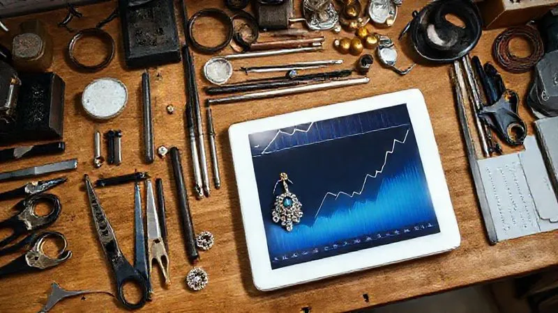 A photorealistic, overhead shot of a jeweler's workbench, meticulously organized, with a custom piece of jewelry at the center. Around it, various tools are arranged, and in the background, a digital tablet displays a growth chart with upward-trending lines, symbolizing continuous improvement and profitability. The lighting is bright and even, highlighting organization and progress. Professional photography, 8K, sharp focus on the workbench and tablet, depth of field, shot on a high-end DSLR.