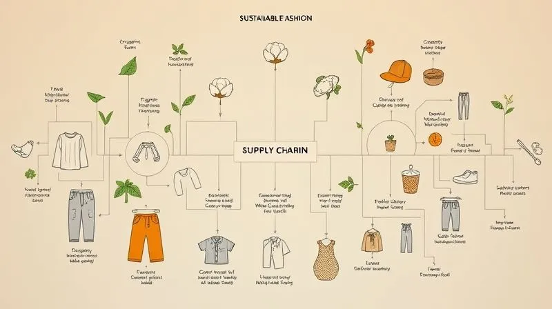 A complex yet organized diagram showing interconnected elements of a sustainable fashion supply chain for kids clothing, from organic cotton farm to retail, with subtle indicators of cost at each stage. Photorealistic, professional photography, 8K, cinematic lighting, sharp focus, depth of field.