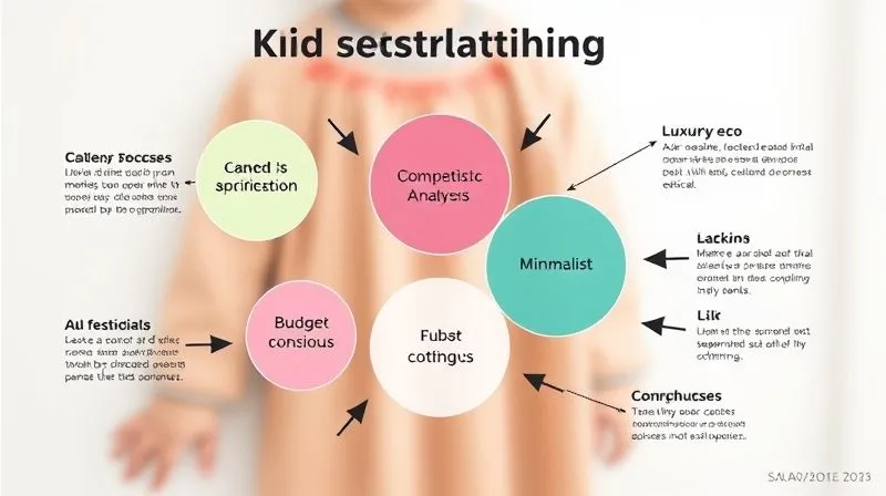 A professional and clean infographic illustrating market segmentation for kids clothing, with distinct bubbles representing different target audiences (e.g., luxury eco, budget-conscious ethical, minimalist parents) and arrows pointing to competitive analysis data points. Photorealistic, professional photography, 8K, cinematic lighting, sharp focus, depth of field.