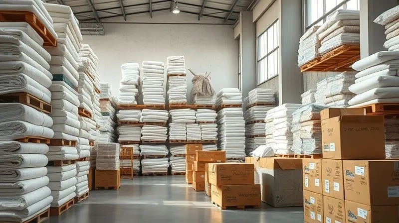 A photorealistic image of a well-organized, clean warehouse storing stacks of organic cotton fabric rolls and neatly packaged kids clothing boxes, bathed in natural light, showcasing efficiency and ethical sourcing. 8K, cinematic lighting, sharp focus, depth of field.