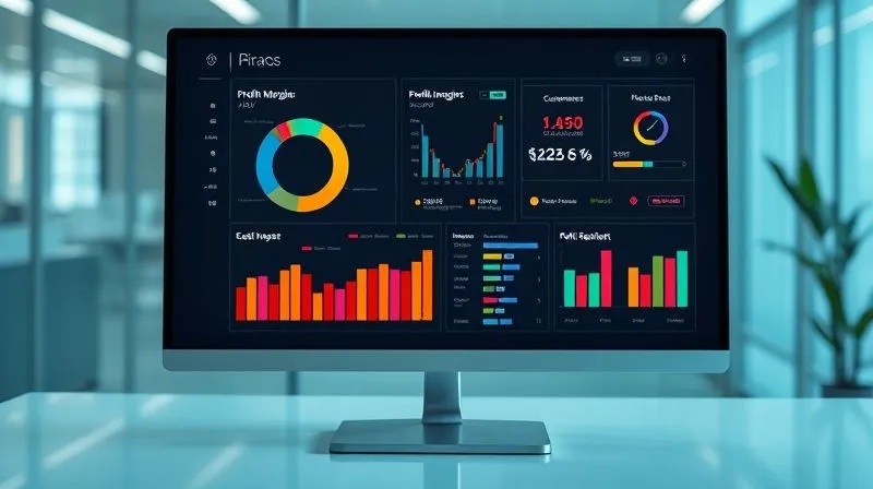A photorealistic, professional photography shot of a sleek data dashboard displaying various financial KPIs for an e-commerce business, with charts showing profit margins, AOV, and customer retention. The screen glows softly in a modern, minimalist office setting. 8K, cinematic lighting, sharp focus, depth of field.