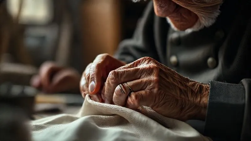 Photorealistic, professional photography, 8K, cinematic lighting, sharp focus, depth of field, shot on a high-end DSLR. An close-up, emotionally resonant image of the deeply lined, experienced hands of an elderly master artisan meticulously sewing delicate fabric, with a younger, slightly out-of-focus hand gently observing in the background, symbolizing the urgency of knowledge transfer in a dimly lit, traditional atelier setting.