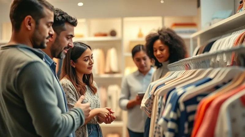 A photorealistic, professional photography, 8K image of a diverse group of parents calmly browsing a curated selection of children's clothing in a well-lit, modern boutique, focusing on trust and quality, cinematic lighting, sharp focus on the parents' faces, depth of field blurring the clothes racks.