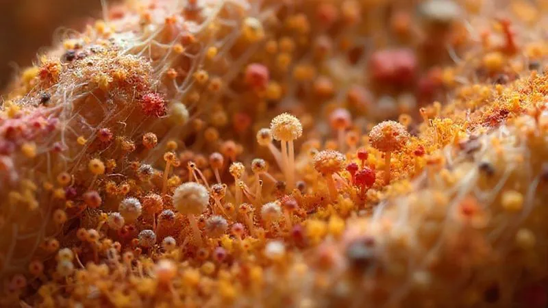 A highly magnified photorealistic image of diverse microbial communities (bacteria, fungi) actively breaking down a bio-textile fiber, captured with an electron microscope effect, vibrant and detailed, cinematic lighting, sharp focus, depth of field, 8K hyper-detailed.
