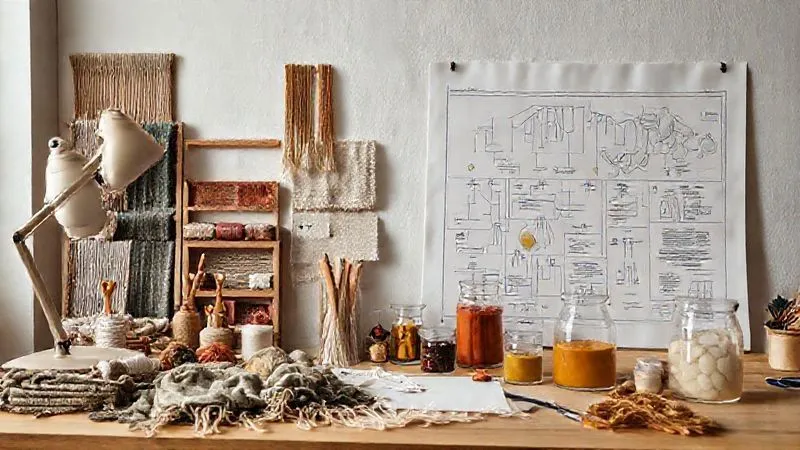 A professional studio shot of a textile designer's desk, showcasing various bio-textile swatches, spools of compostable thread, natural dyes in beakers, and a blueprint with material flow diagrams, emphasizing a holistic design process. Soft, diffused lighting, sharp focus on the materials, depth of field, 8K hyper-detailed.