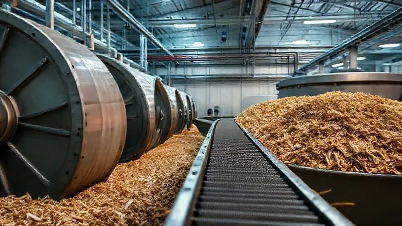 Photorealistic, professional photography, 8K, cinematic lighting, sharp focus, depth of field, shot on a high-end DSLR. A clean, modern industrial composting facility, showing large rotating drums or windrows of organic material, with a conveyor belt discreetly transporting textile waste. The scene is well-lit, emphasizing efficiency and scale, with a sense of purposeful industrial processing.