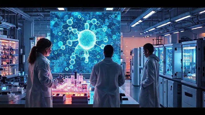A stylized photorealistic image of a futuristic textile research lab, with glowing holographic displays showing molecular structures and textile patterns, scientists in lab coats collaborating, and advanced machinery in the background. The atmosphere is innovative and forward-looking, with cinematic lighting and sharp focus on the collaborative effort, 8K hyper-detailed.
