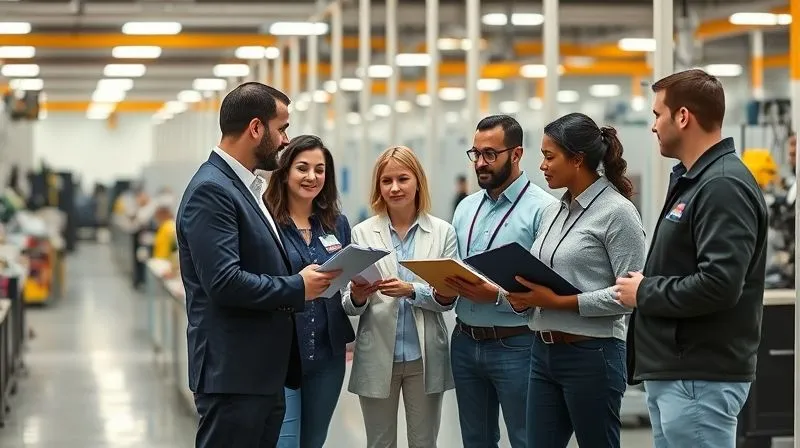 A photorealistic image of a diverse group of professionals, some with clipboards, conducting an audit in a clean, modern accessory manufacturing facility. Workers are visibly engaged in their tasks, and the auditors are interacting respectfully. Cinematic lighting, sharp focus on the interaction, depth of field blurring background machinery, 8K hyper-detailed, professional photography, shot on a high-end DSLR.