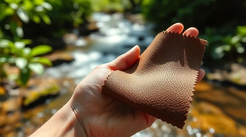 A photorealistic image showing a hand holding a swatch of richly textured, plant-based leather, with a blurred background of lush green foliage and a clear, flowing stream, symbolizing sustainable material and clean production. The lighting is bright and natural, highlighting the material's quality. Professional photography, 8K, cinematic lighting, sharp focus on the swatch, depth of field blurring the background, shot on a high-end DSLR.